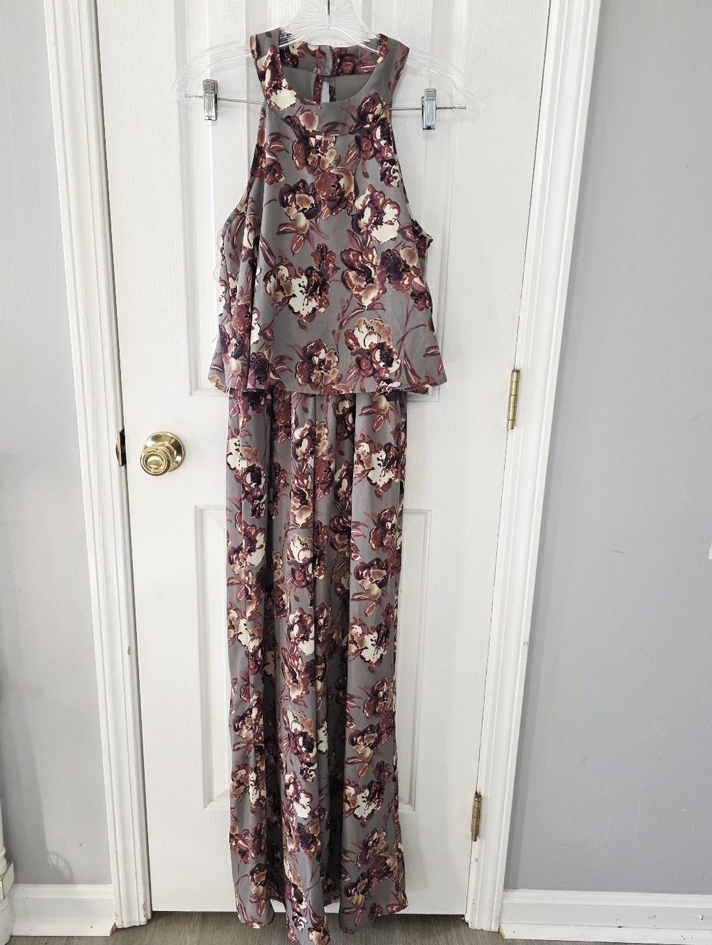 Altar'd State Grey Floral Halter Jumpsuit with Mauve and Cream Blooms Small